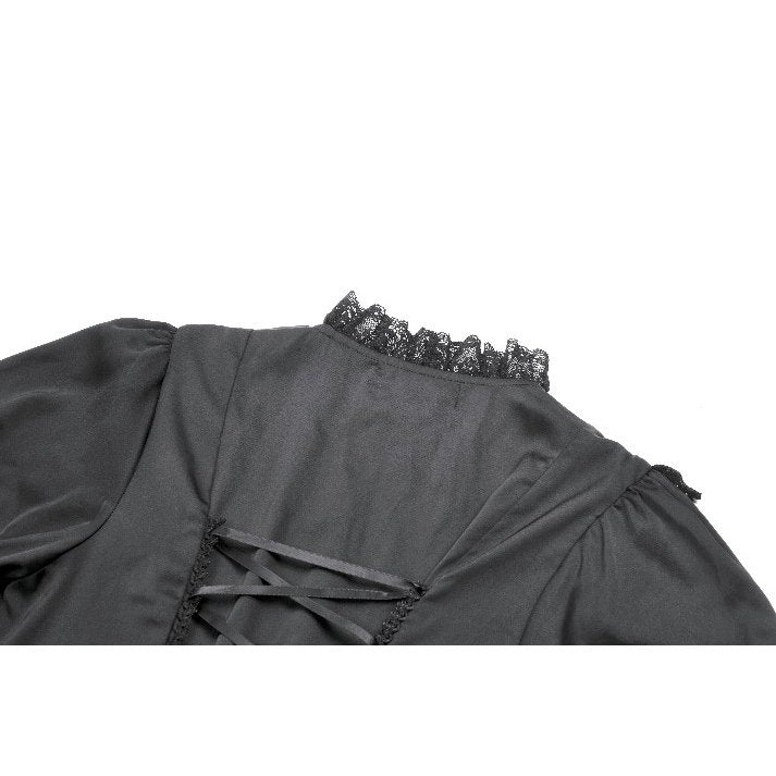 Dark in Love Belladonna Lace-Up High Collar Puff Sleeve Goth Dress in Black