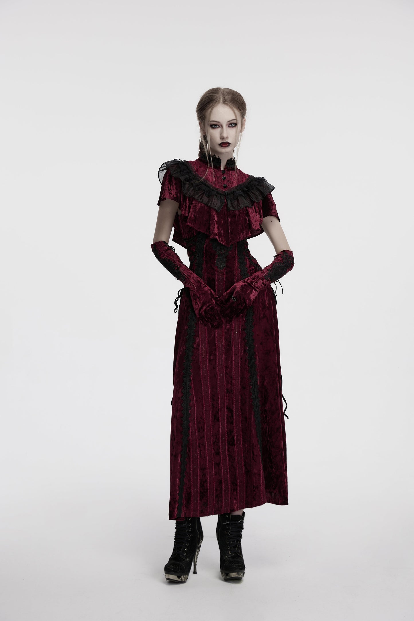 Punk Rave Vivienne Velvet Lace Panel Goth Slip Dress In Burgundy