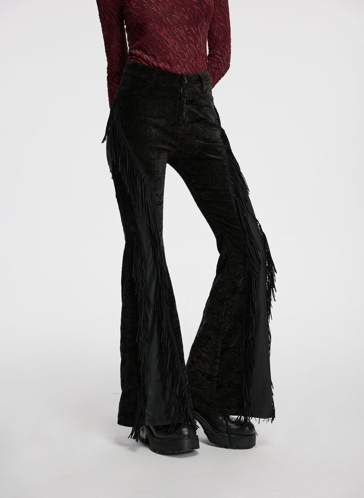Punk Rave Morrigan Wasteland Tassel Flare Goth Pants In Black