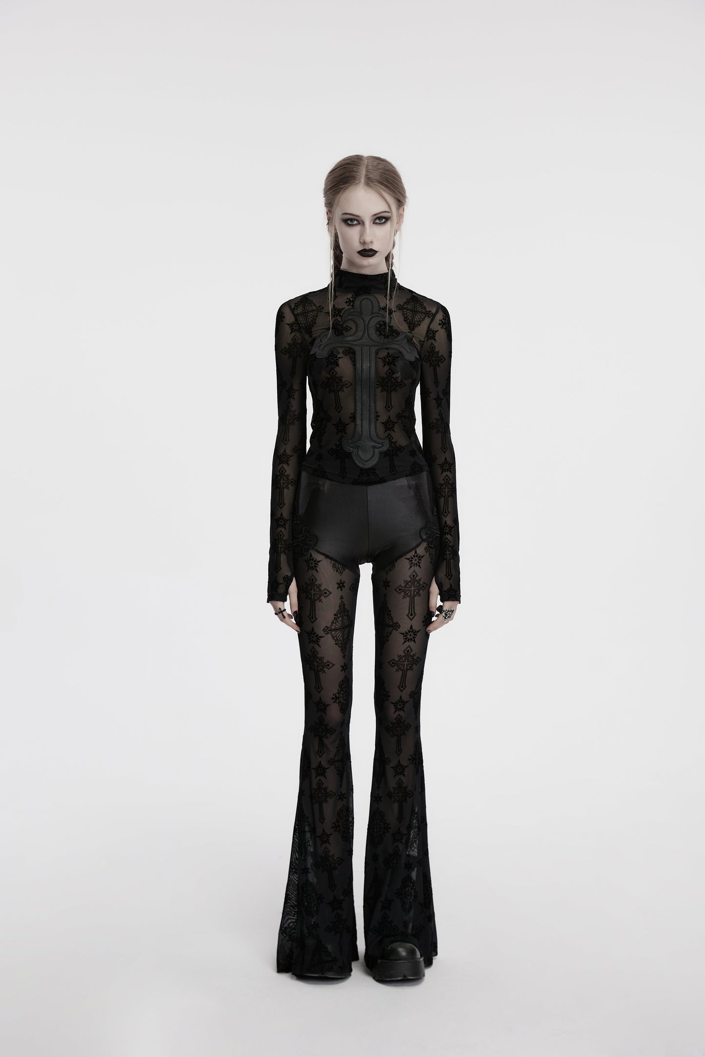 Punk Rave Morrigan Cross Embroidered Mesh Top