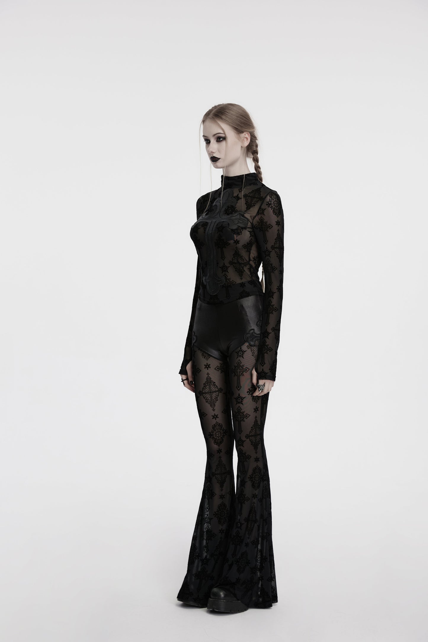 Punk Rave Morrigan Cross Embroidered Mesh Top