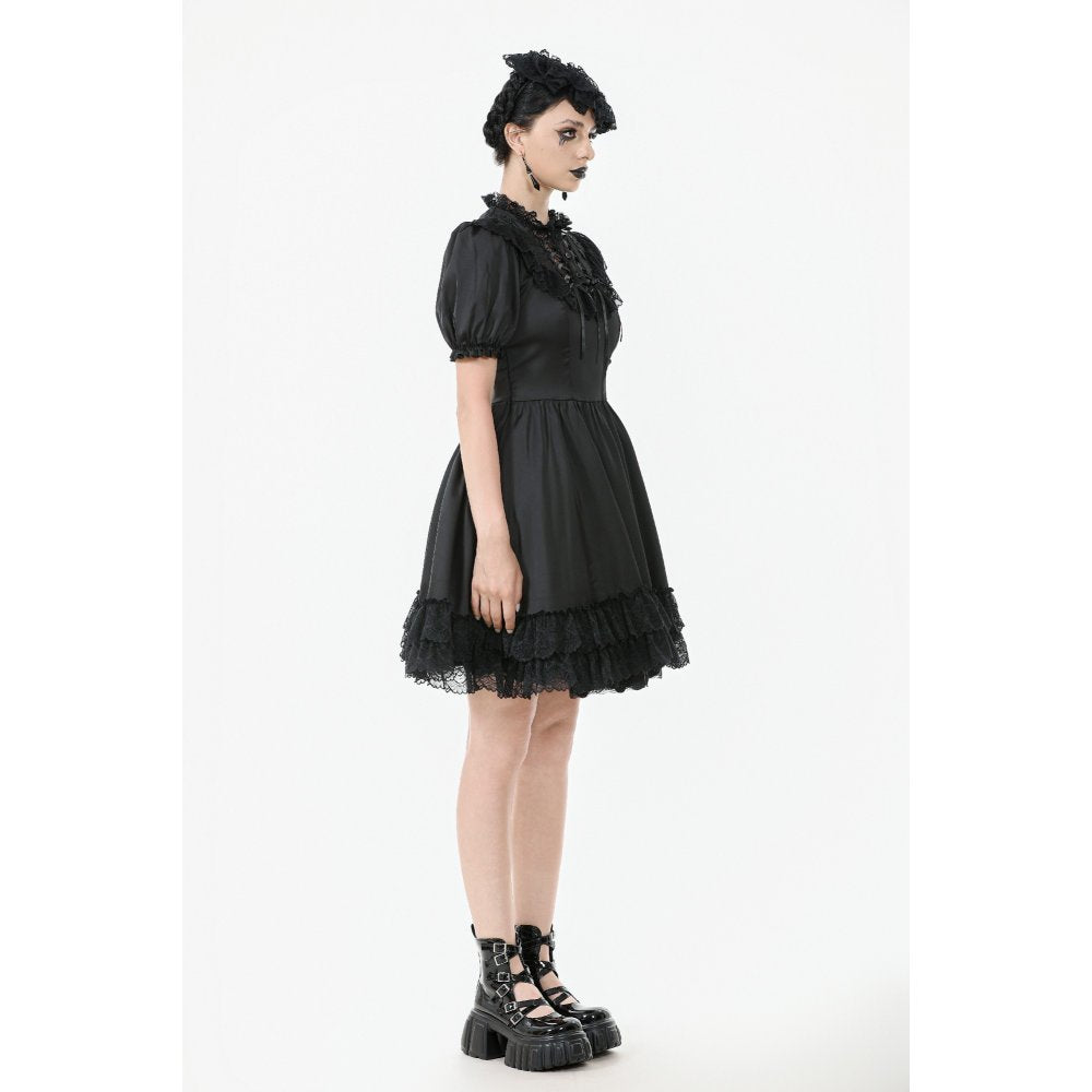 Dark in Love Belladonna Lace-Up High Collar Puff Sleeve Goth Dress in Black