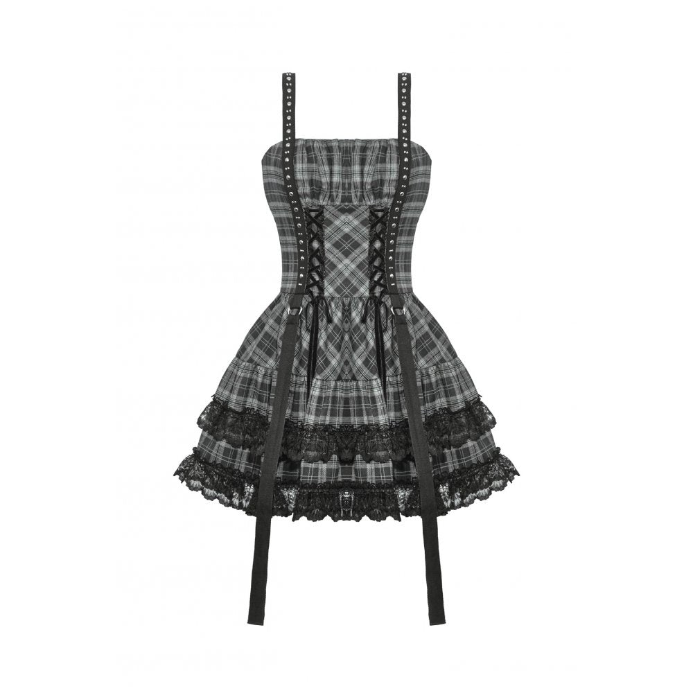 Dark in Love Ida Punk Grey Tartan Metal Studded Dress