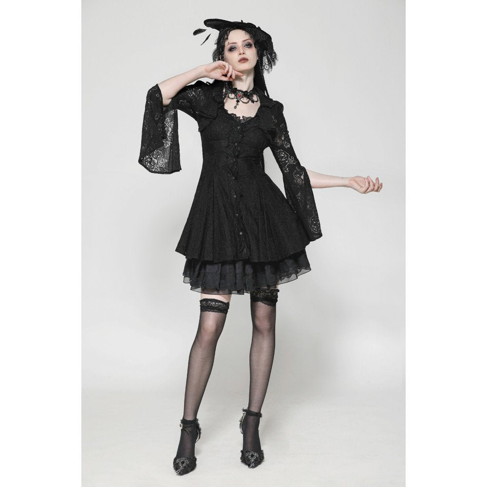 Dark in Love Luca Black Hollow Lace Gemstone Button Adjustable Waist Dress