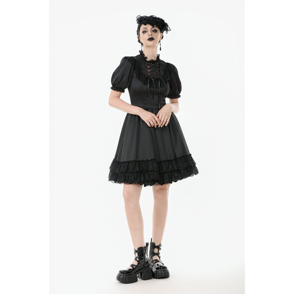 Dark in Love Belladonna Lace-Up High Collar Puff Sleeve Goth Dress in Black
