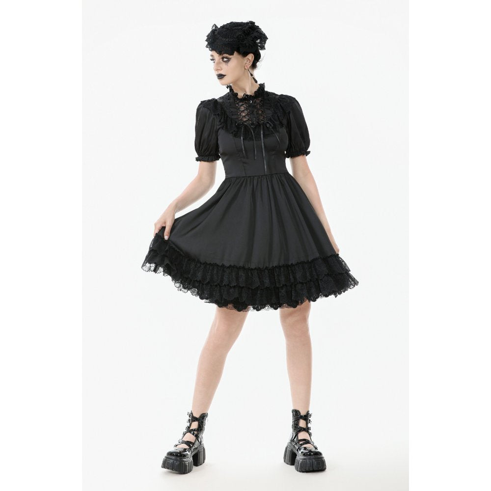 Dark in Love Belladonna Lace-Up High Collar Puff Sleeve Goth Dress in Black