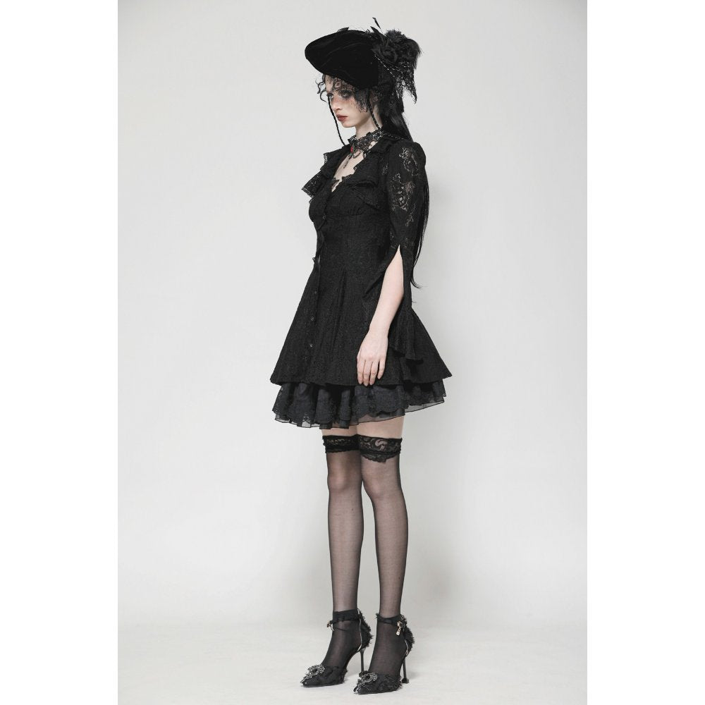 Dark in Love Luca Black Hollow Lace Gemstone Button Adjustable Waist Dress