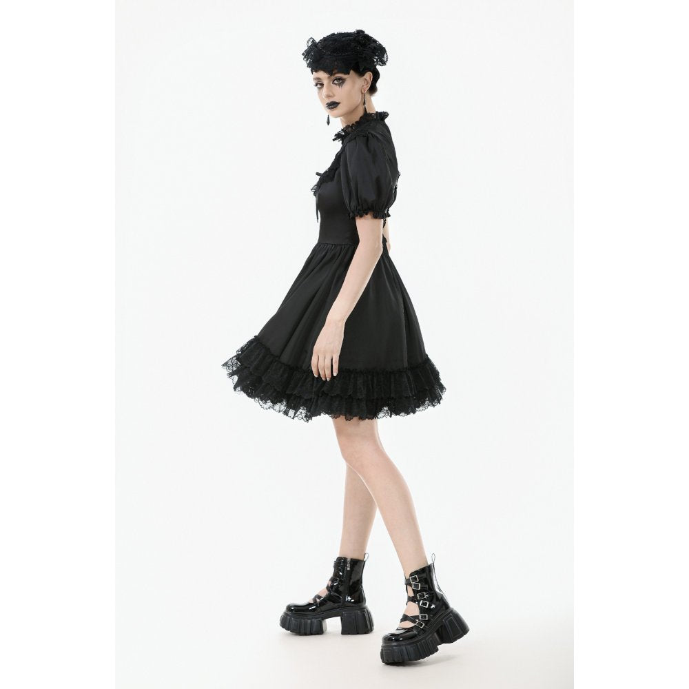 Dark in Love Belladonna Lace-Up High Collar Puff Sleeve Goth Dress in Black