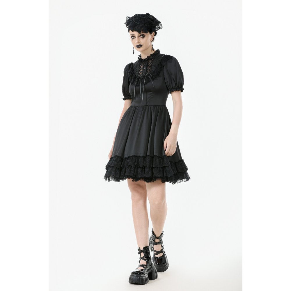Dark in Love Belladonna Lace-Up High Collar Puff Sleeve Goth Dress in Black