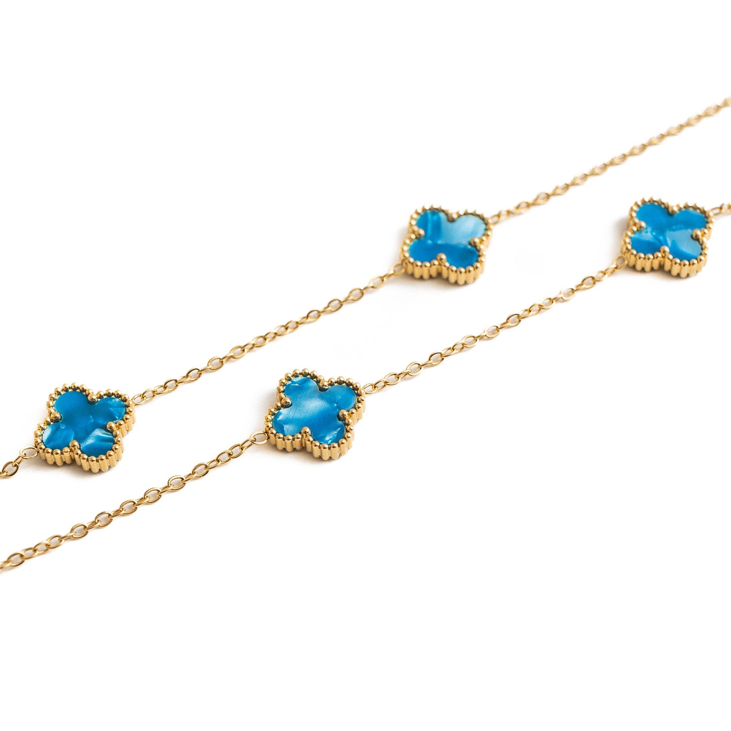 Gold Pearl Clover Necklace (Blue)