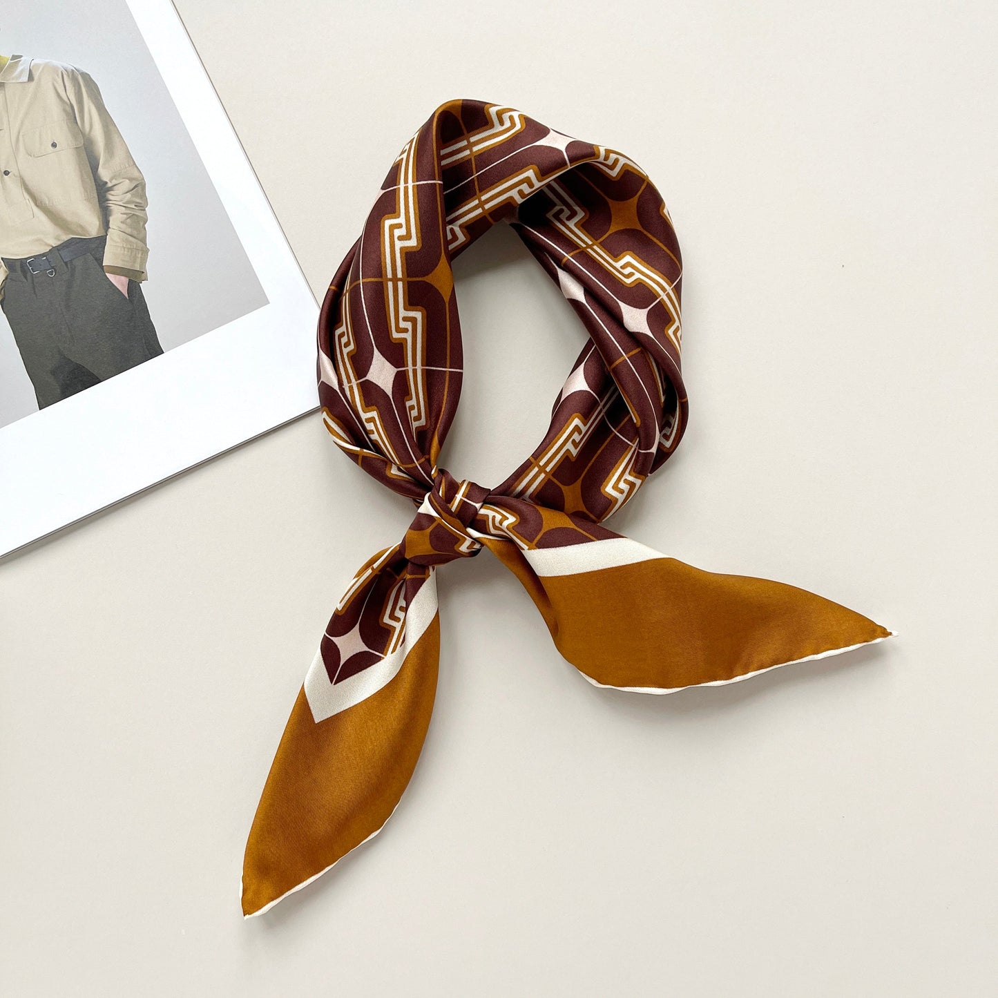 Retro Geometric Silk Square Scarf - 65cm Double-Sided Print Men's Neckerchief with Hand-Rolled Edges