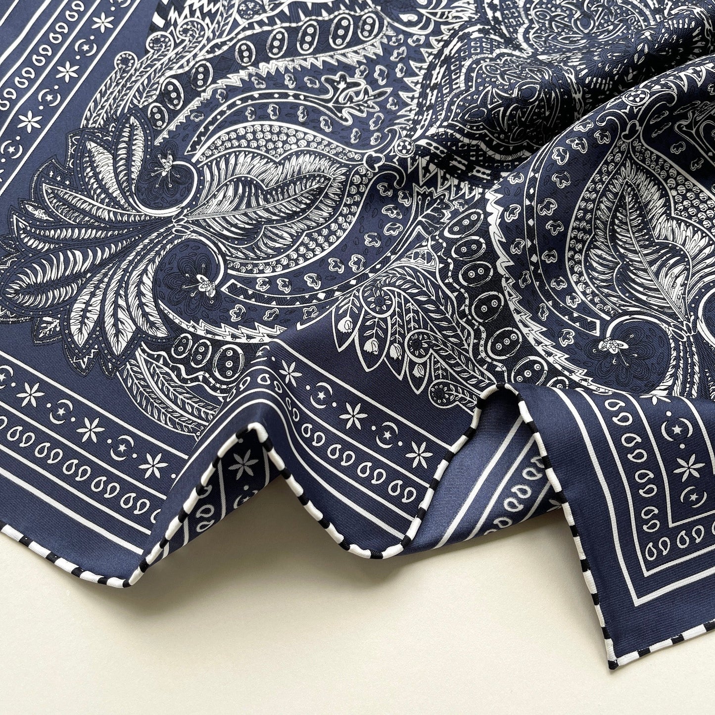 Navy Heritage Paisley Silk Scarf - 53cm Hand-Rolled Unisex Bandana