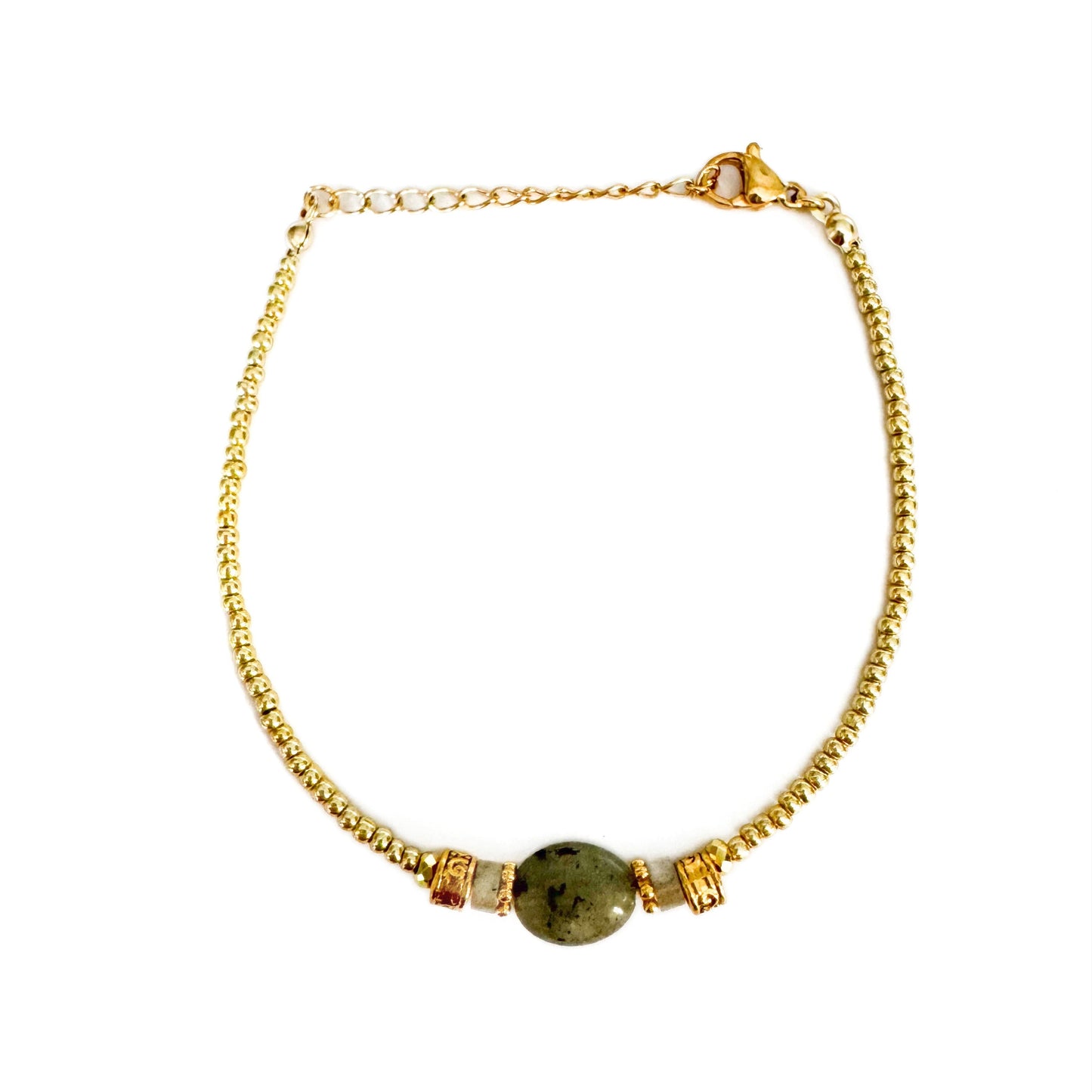 Calmara Gold Beaded Bracelet with Natural Green Stone