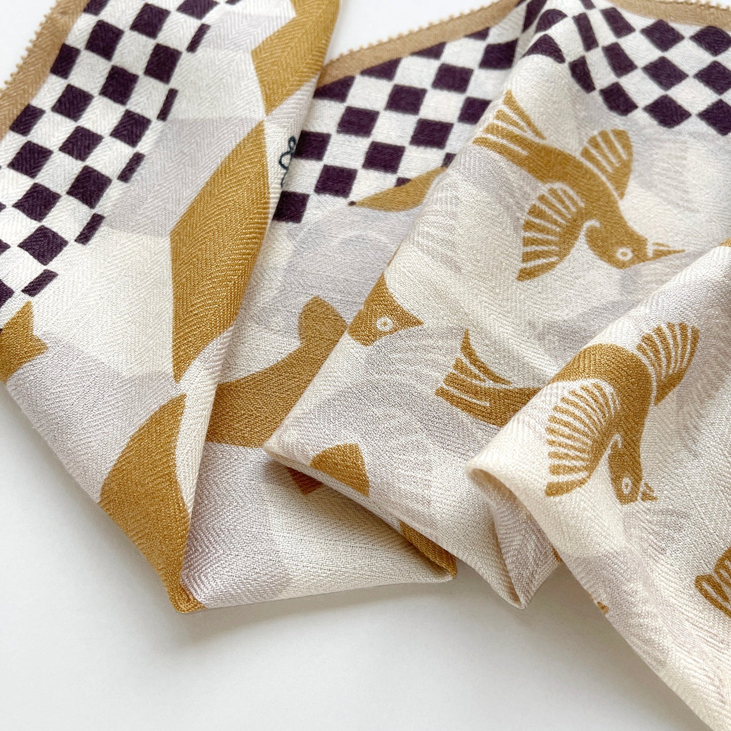 Beige Art Deco Bird Cashmere Silk Scarf - Women's Neck Scarf