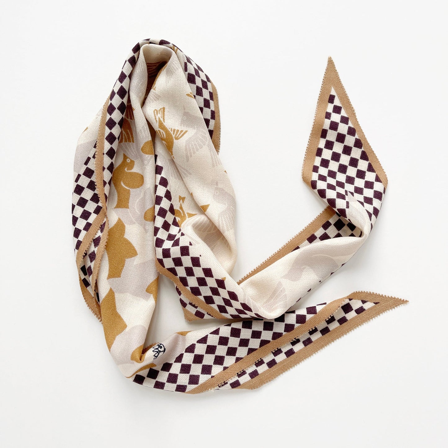 Beige Art Deco Bird Cashmere Silk Scarf - Women's Neck Scarf