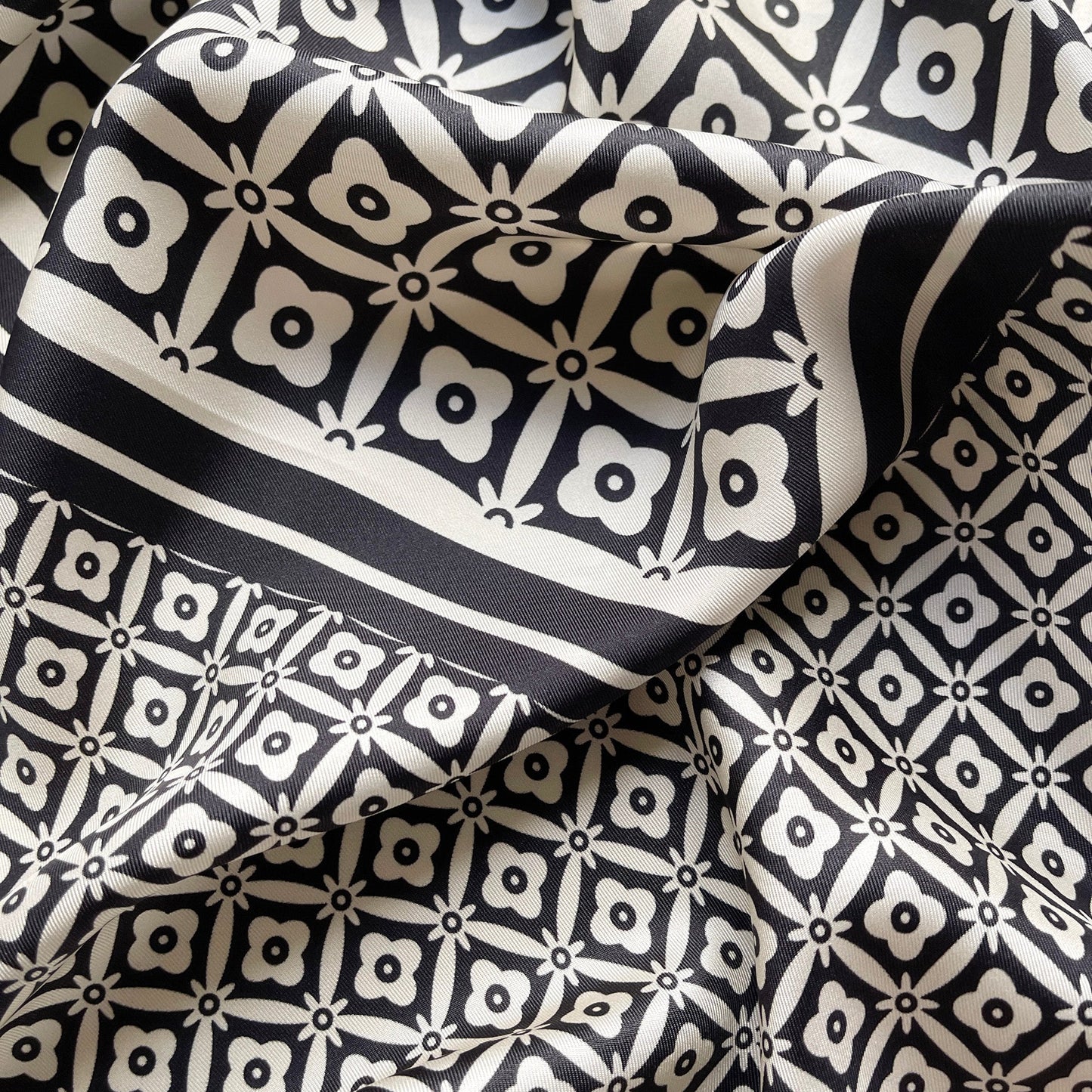Monochrome Bloom Silk Square Scarf - 90cm Women's Head Scarf