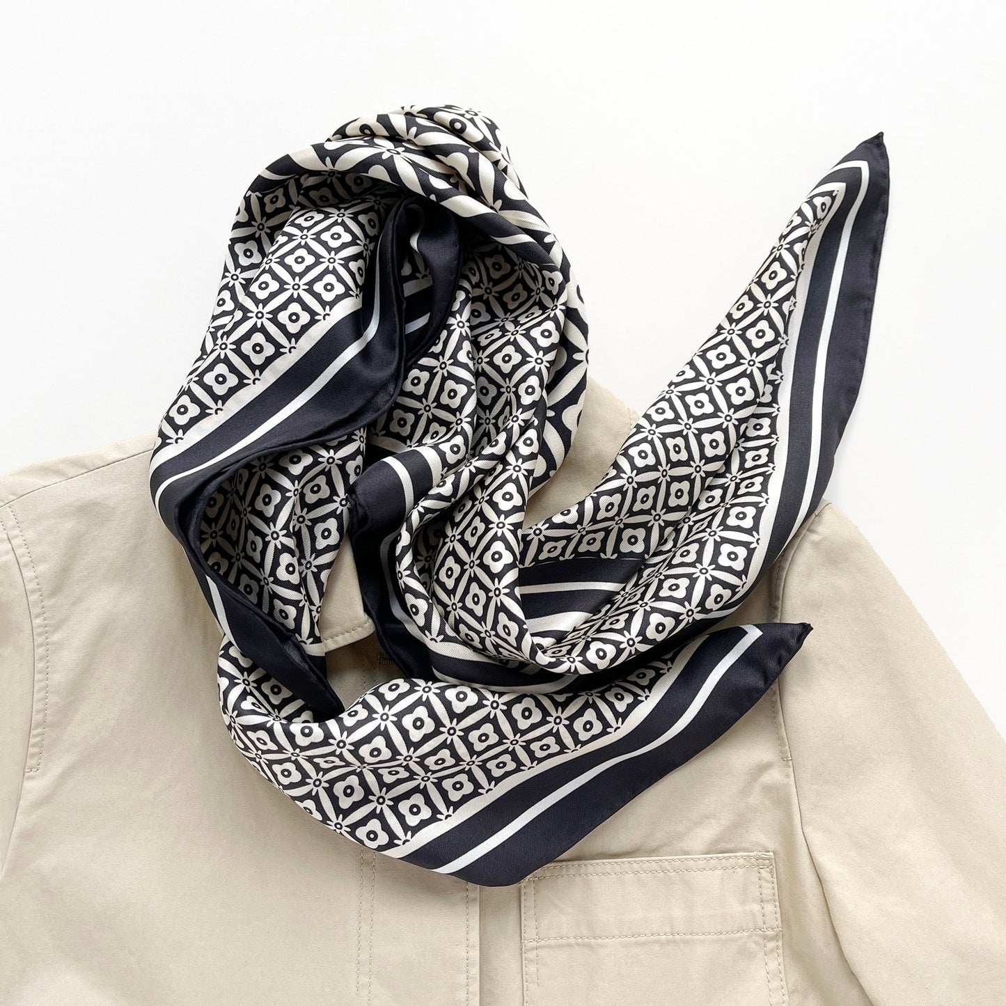 Monochrome Bloom Silk Square Scarf - 90cm Women's Head Scarf