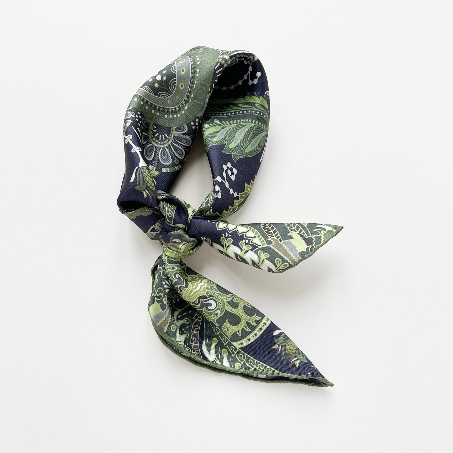 Forest Green Paisley Silk Scarf - 53cm Double-Sided Print Unisex Bandana with Hand-rolled Edges