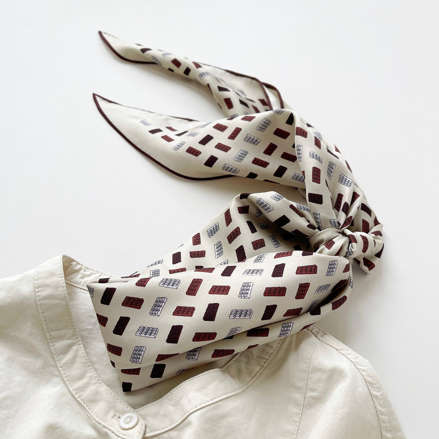 Geometric Chocolate Bar Silk Scarf – Hand-Rolled Neck Scarf for Women & Men