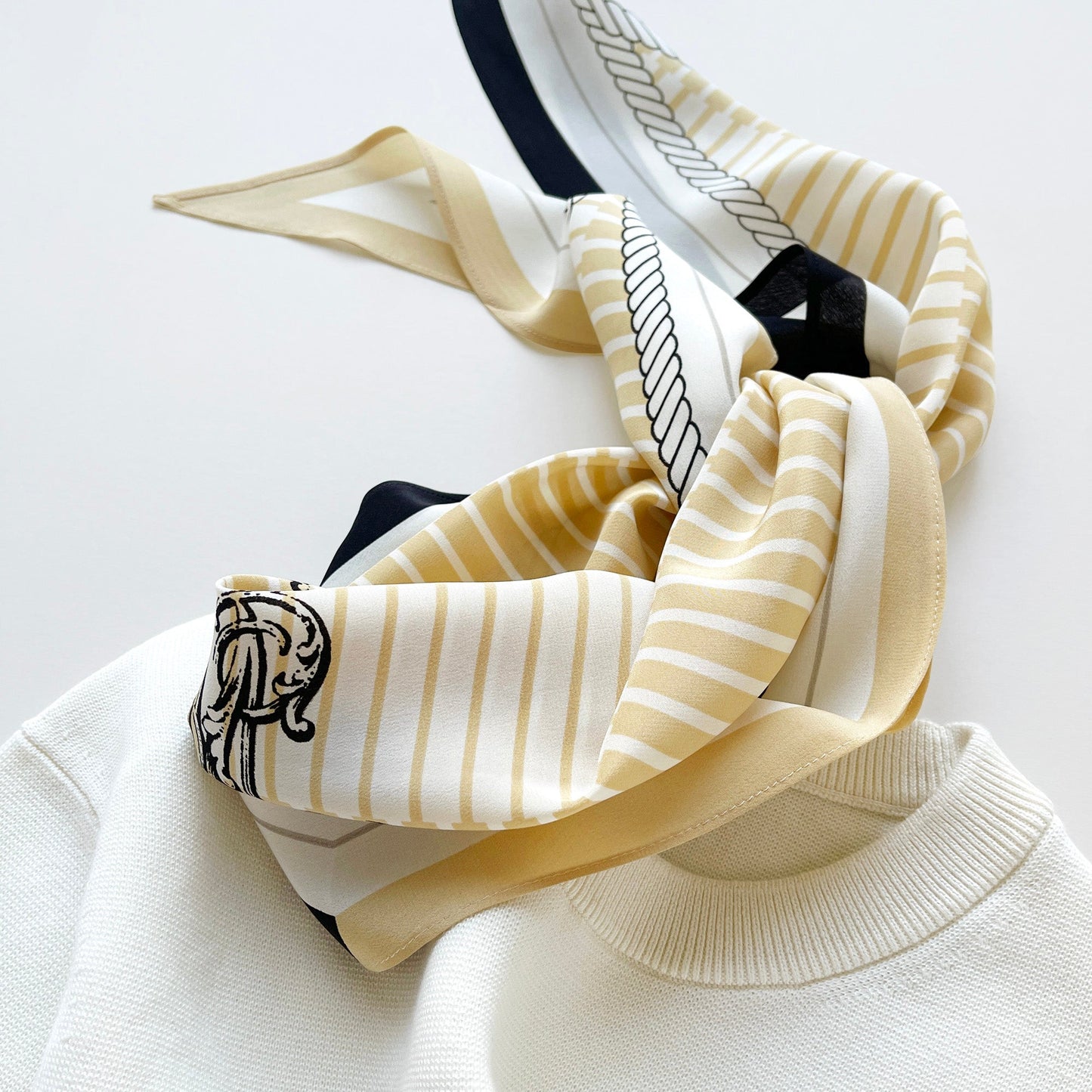 Stripe Monogram Grace Silk Scarf - 100% Silk Crepe de Chine