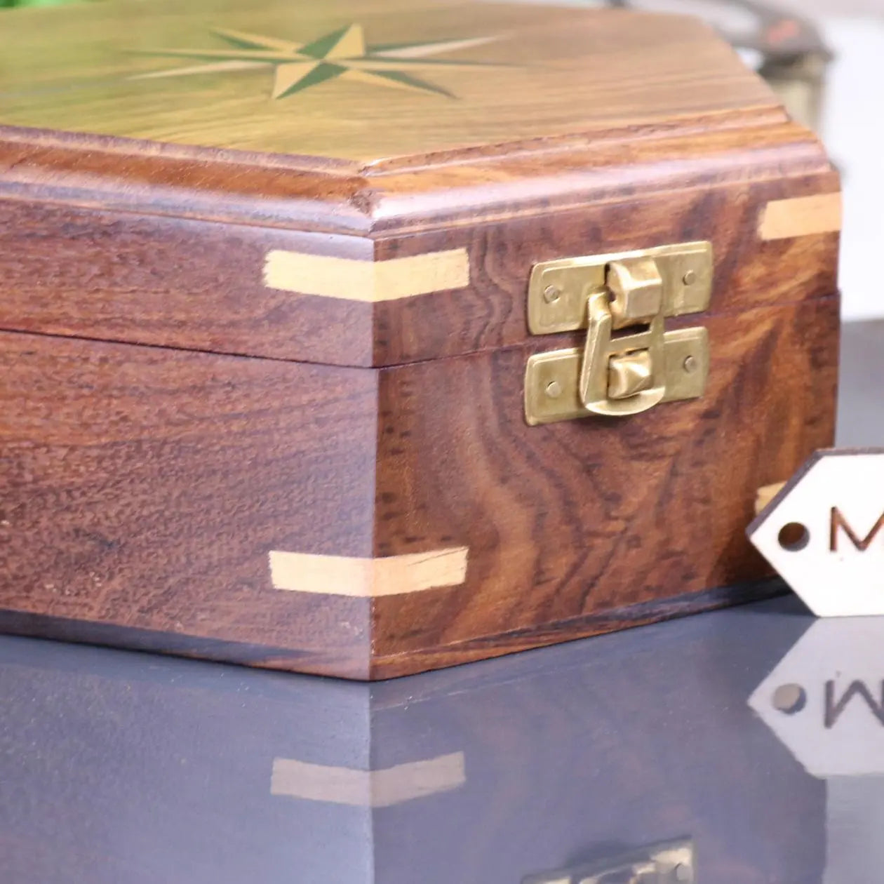 Araria Hexagonal Wooden Box with Compass Inlay