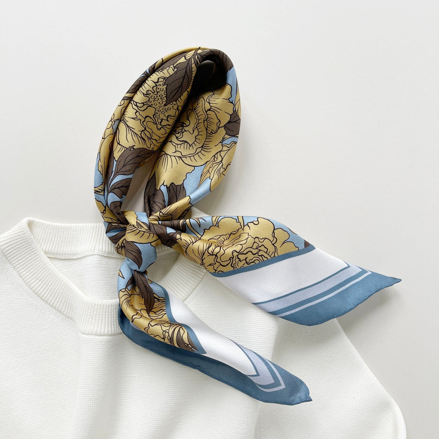 Peony Bloom Silk Scarf – 65cm Hand-Rolled Bandana Scarf