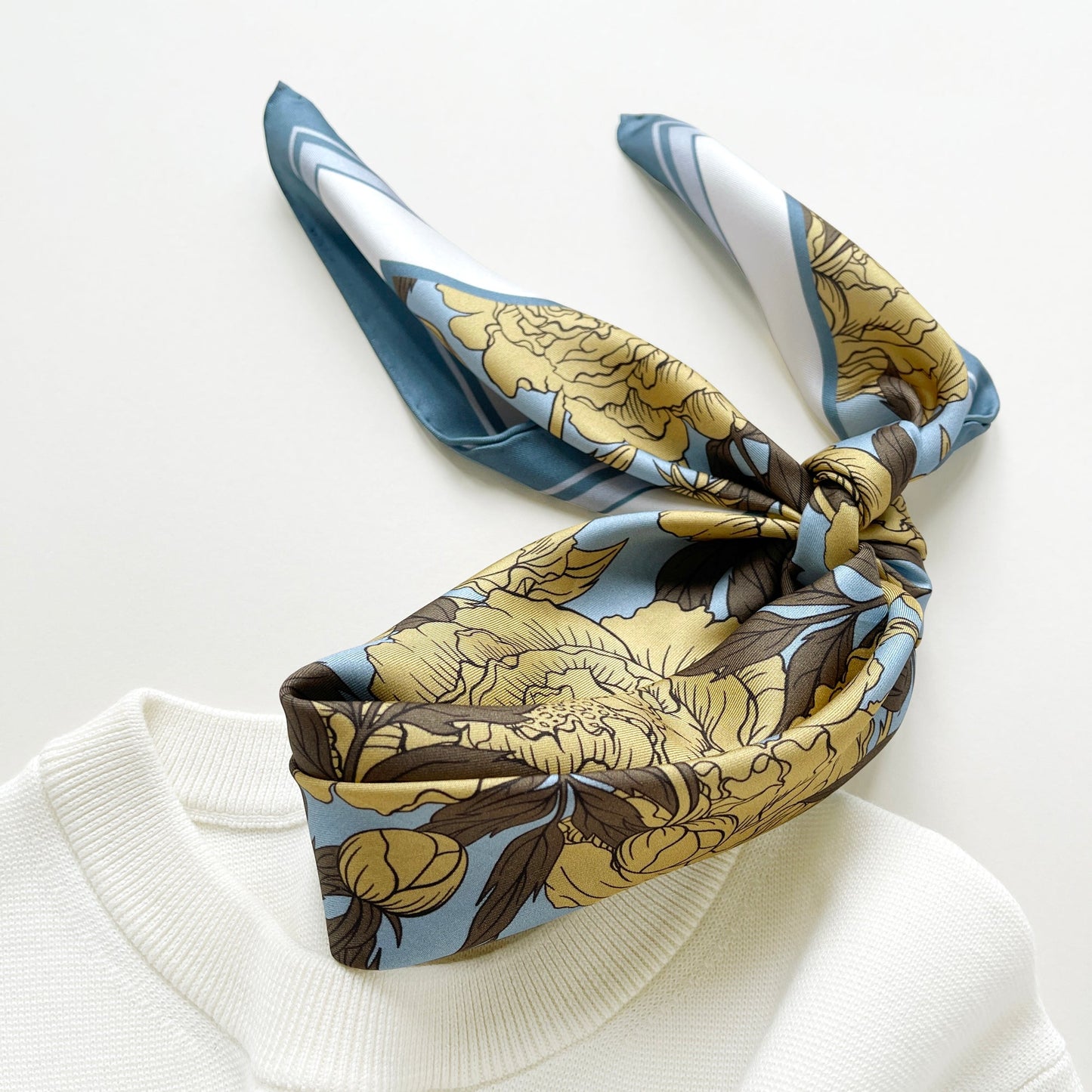 Peony Bloom Silk Scarf – 65cm Hand-Rolled Bandana Scarf