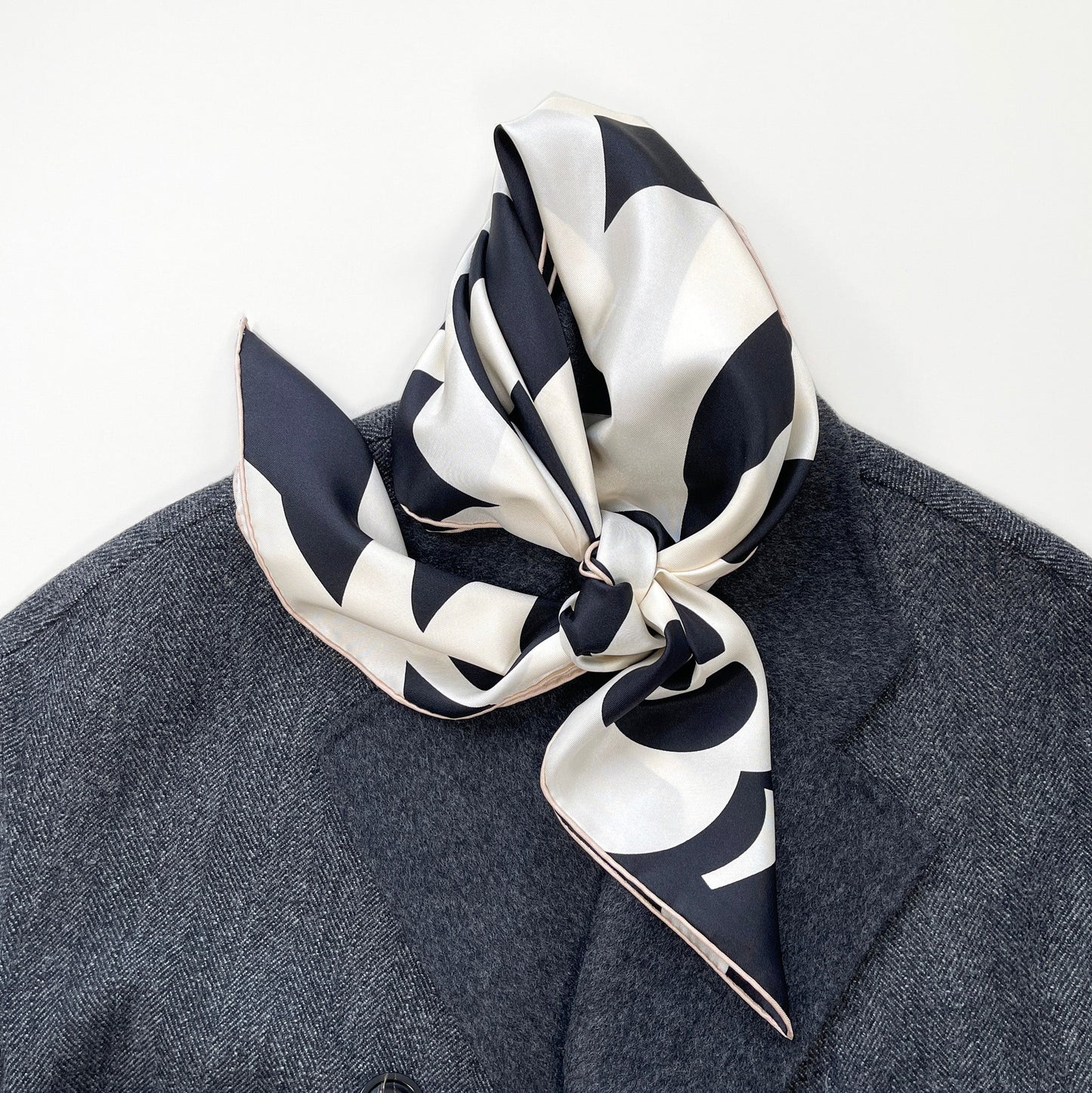 Black White Camellia Love Silk Scarf - 90cm Hand-rolled Women's Head Scarf