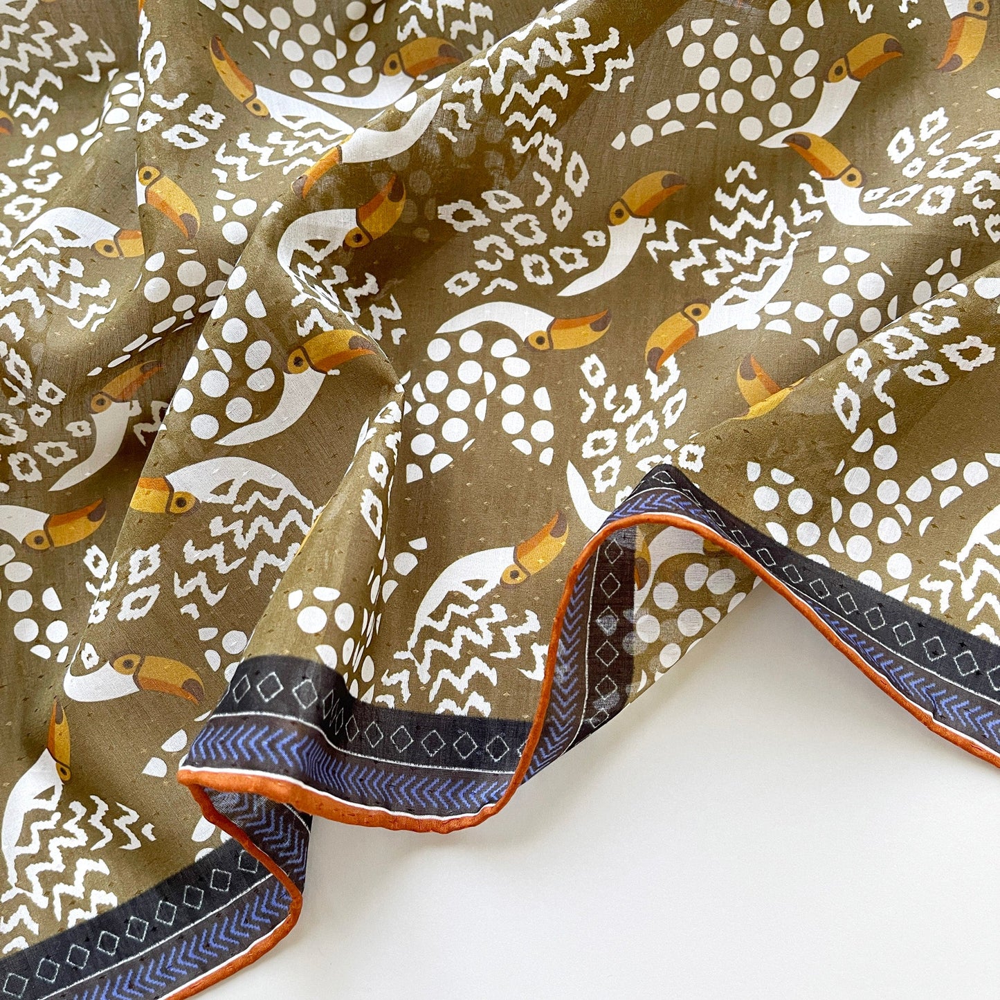 Amazon Toucan Organic Cotton-Silk Scarf - 65cm Hand-Rolled Unisex Square Bandana