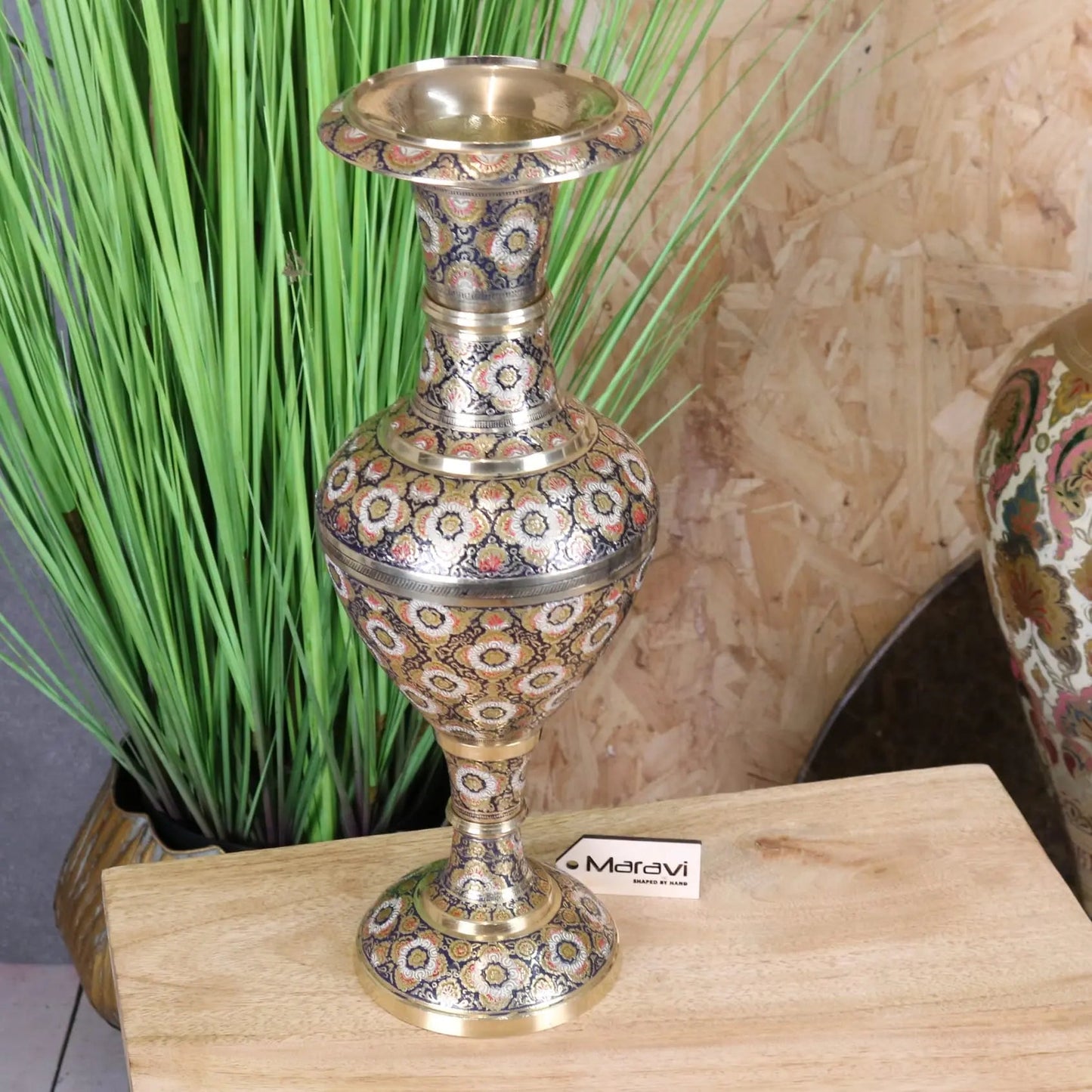 Vintage Brass Vase 42cm Hand Painted and Etched