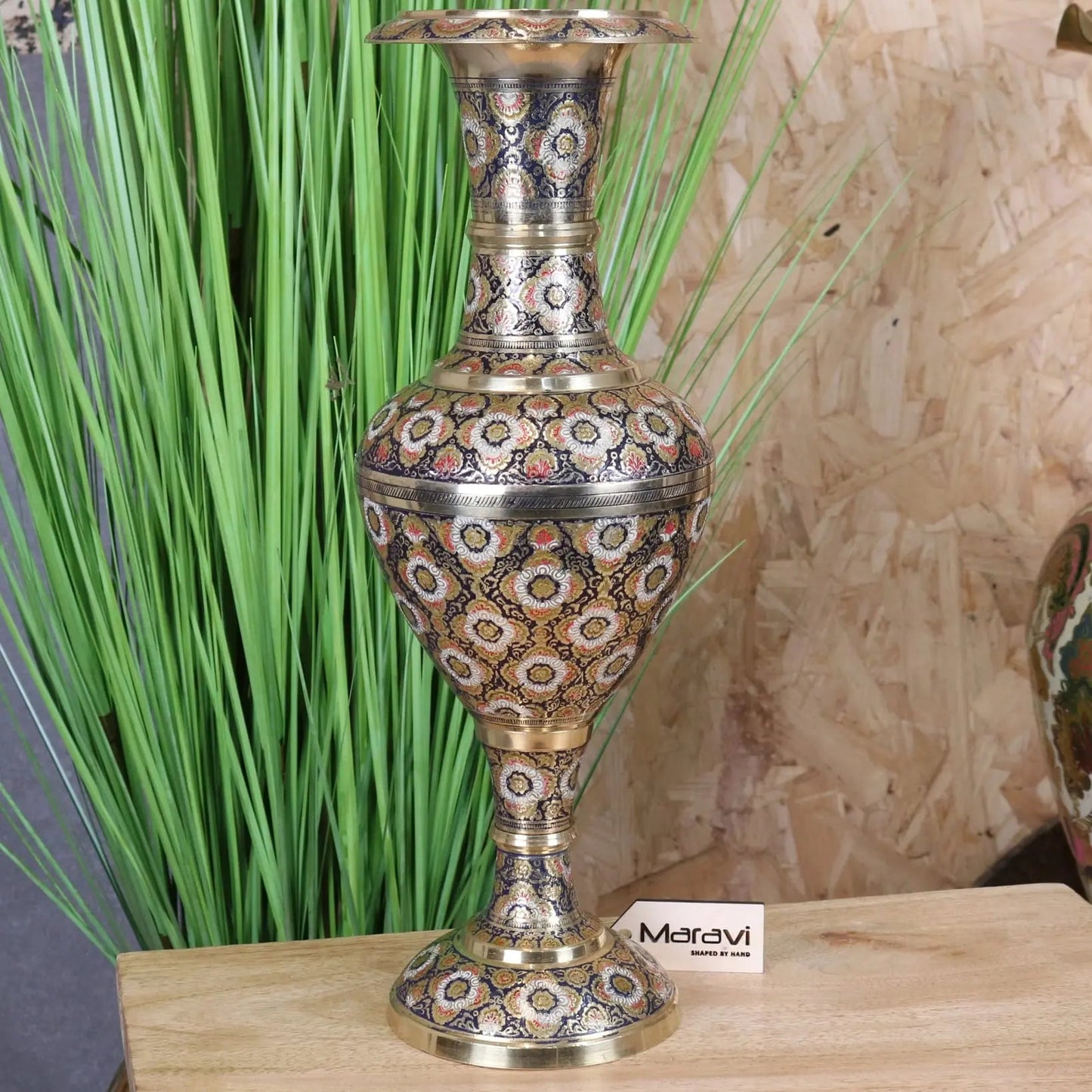 Vintage Brass Vase 42cm Hand Painted and Etched