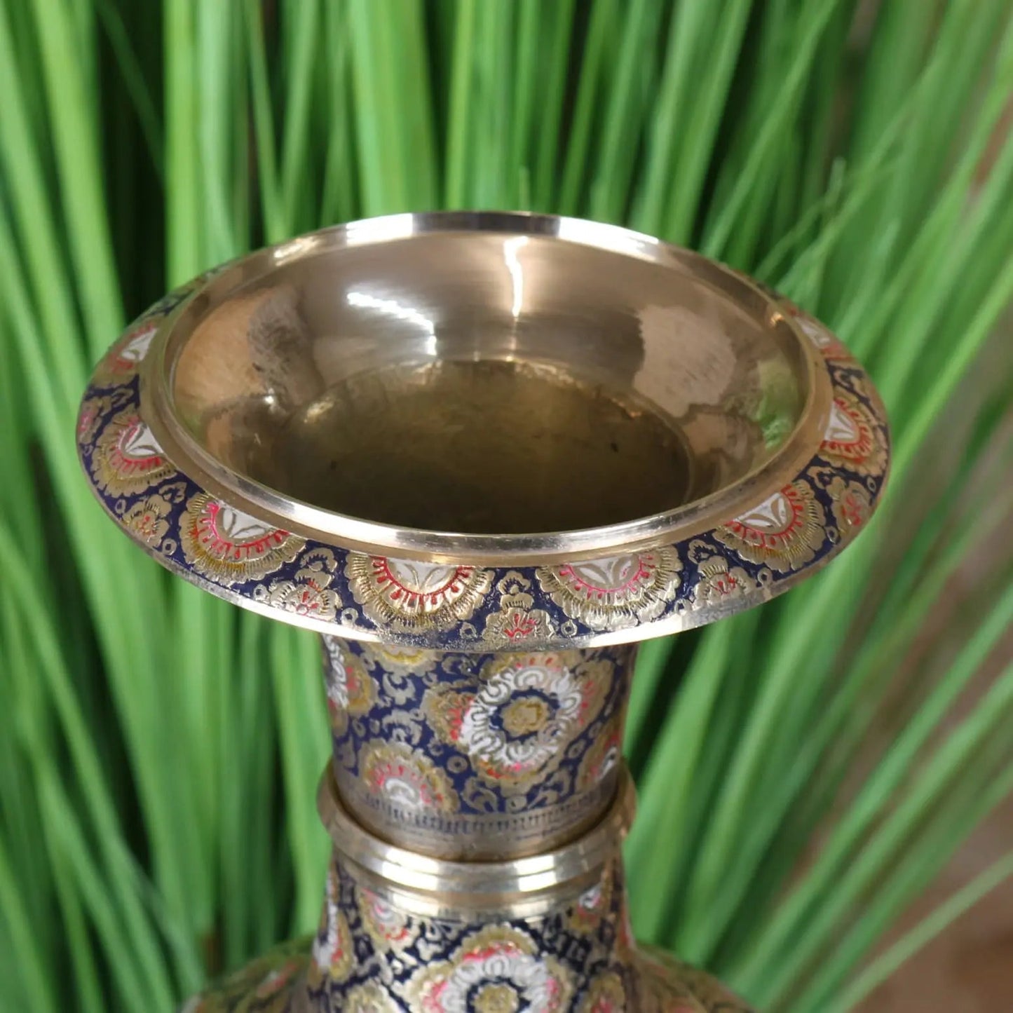 Vintage Brass Vase 42cm Hand Painted and Etched
