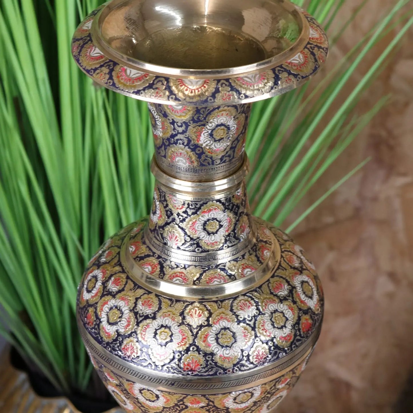 Vintage Brass Vase 42cm Hand Painted and Etched