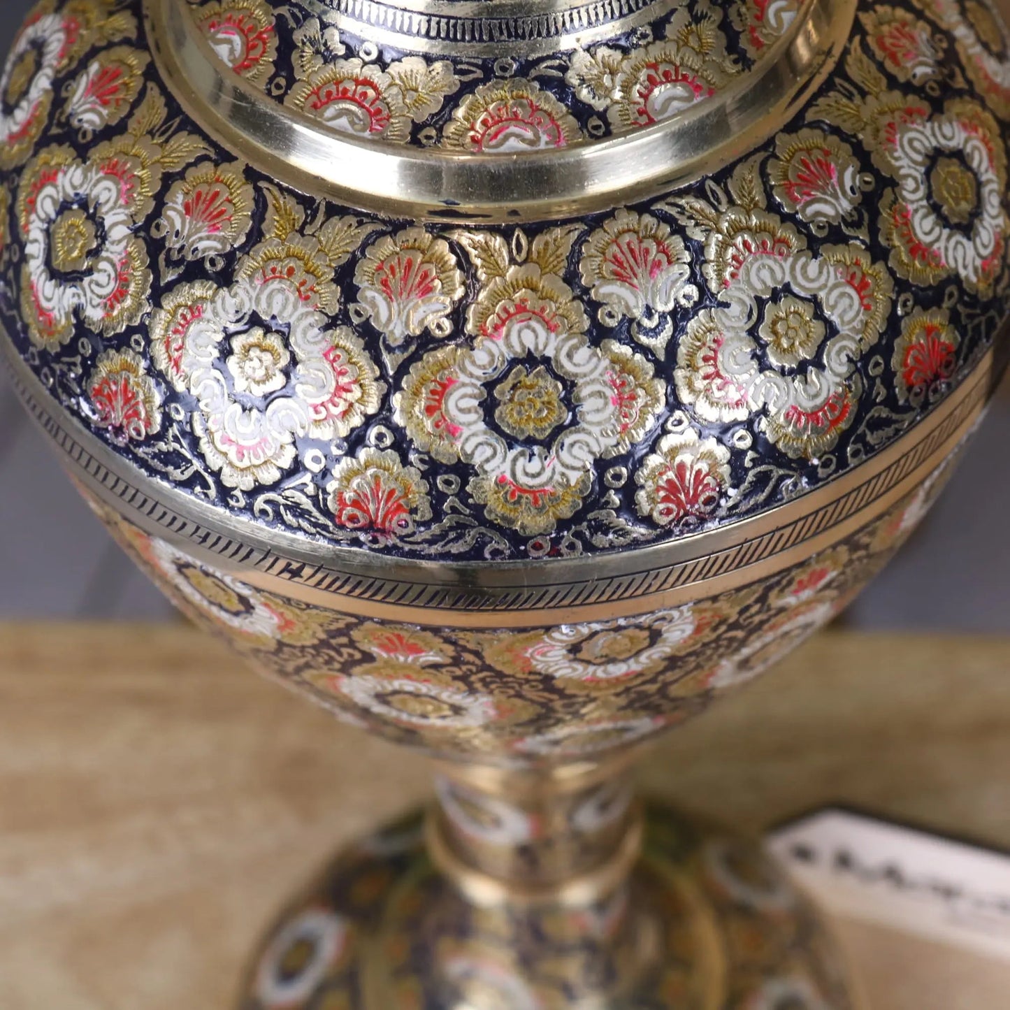 Vintage Brass Vase 42cm Hand Painted and Etched
