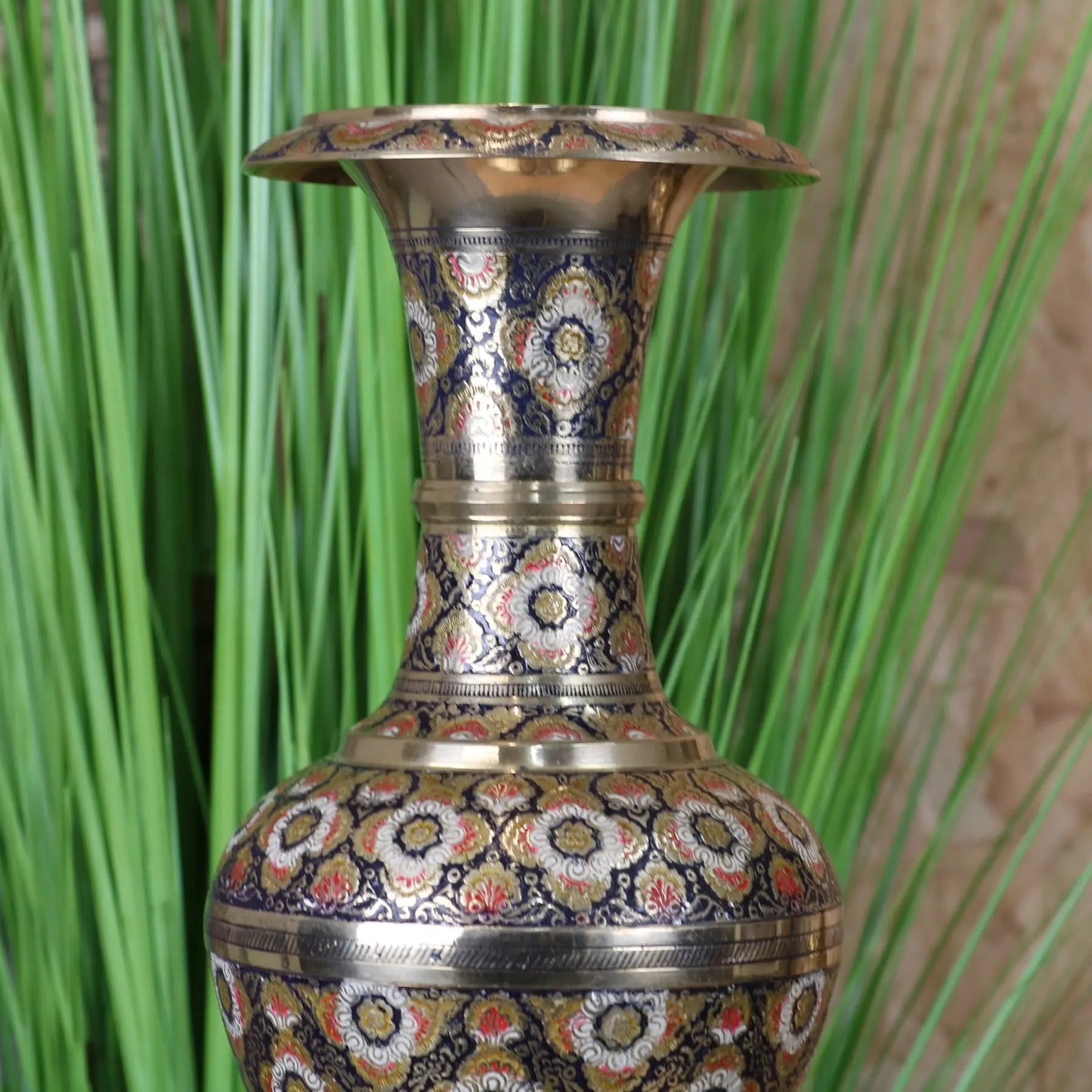 Vintage Brass Vase 42cm Hand Painted and Etched
