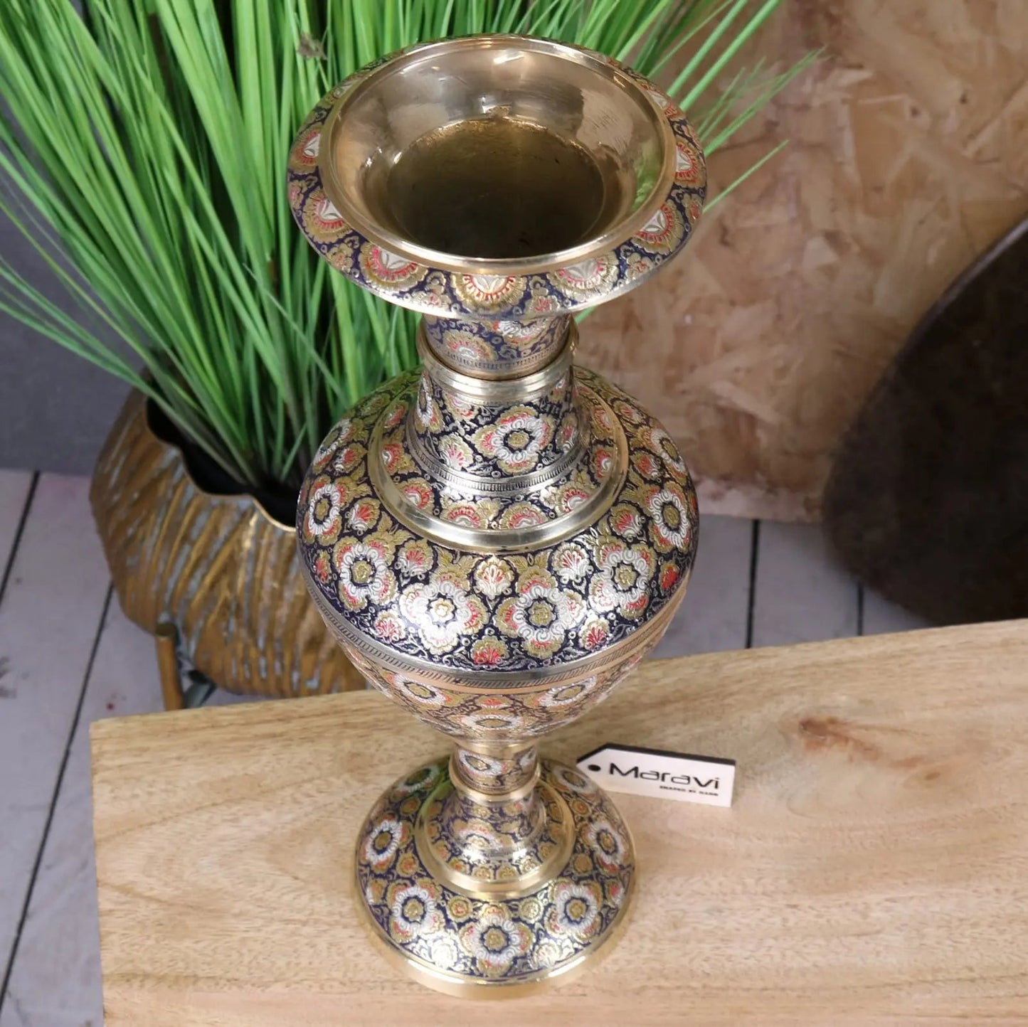 Vintage Brass Vase 42cm Hand Painted and Etched