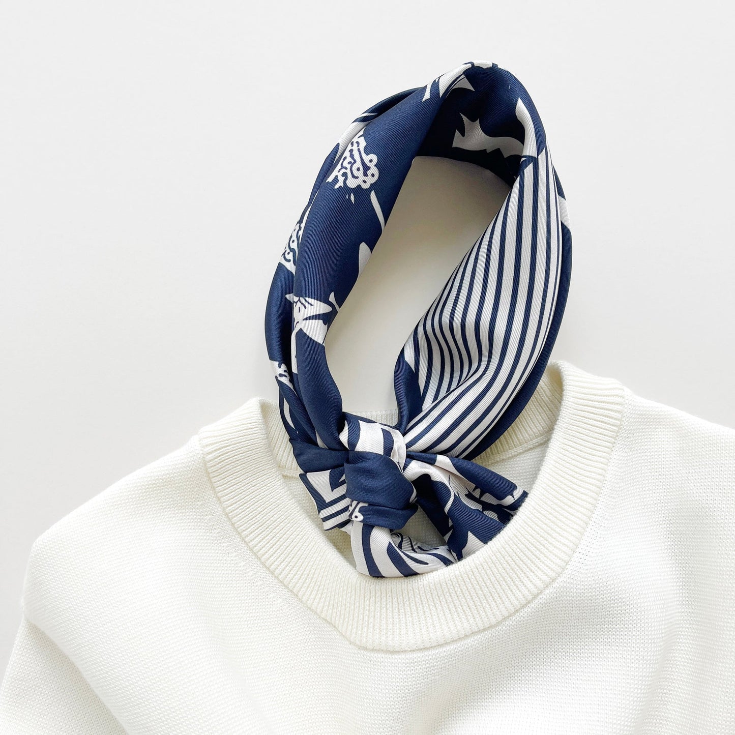 Navy Patchwork Print Silk Square Scarf Bandana – 65cm for Women