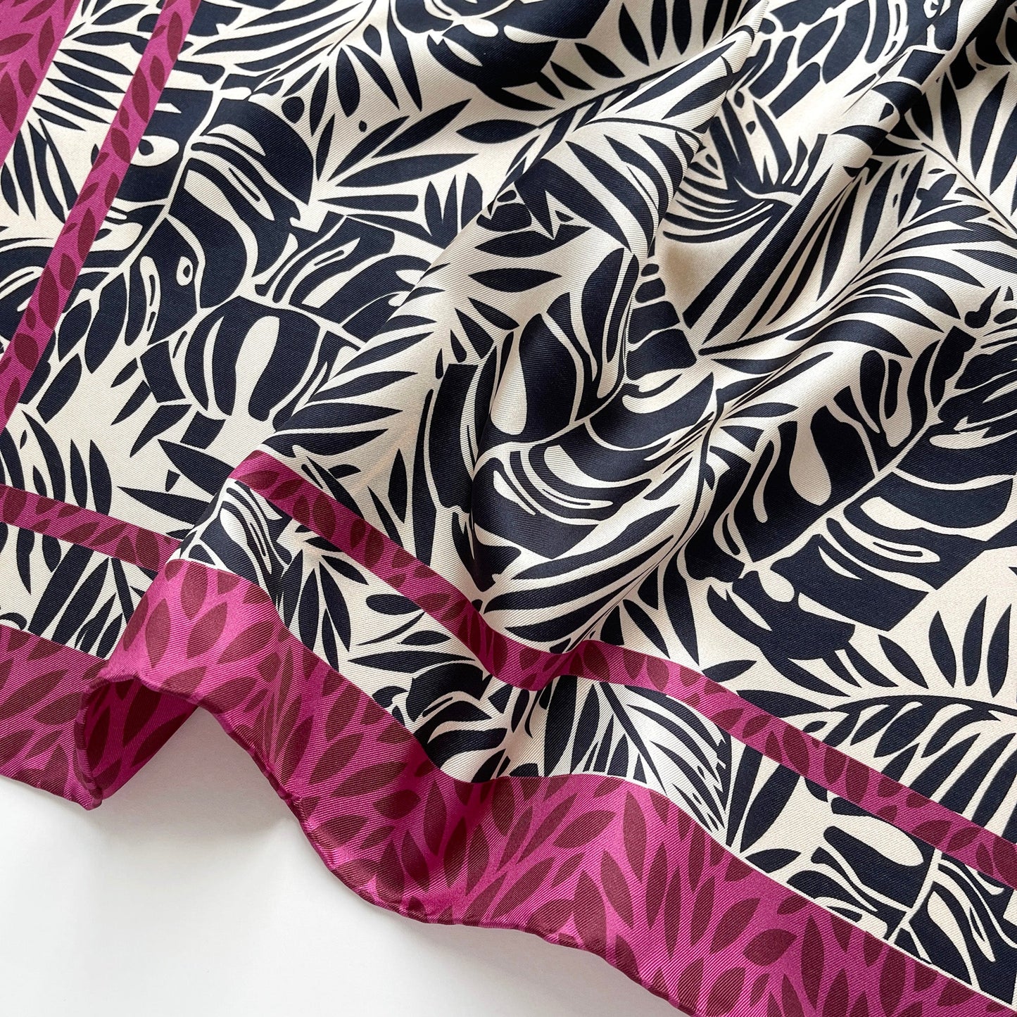 Black Beige Leafy Silk Scarf - 65cm Double-Sided Print Bandana Scarf with Hand-Rolled Edges