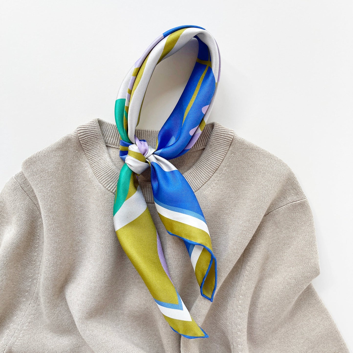 Blue Abstract Lotus Silk Square Scarf - 65cm Double-Sided Print Unisex Bandana Scarf with Hand-rolled Edges