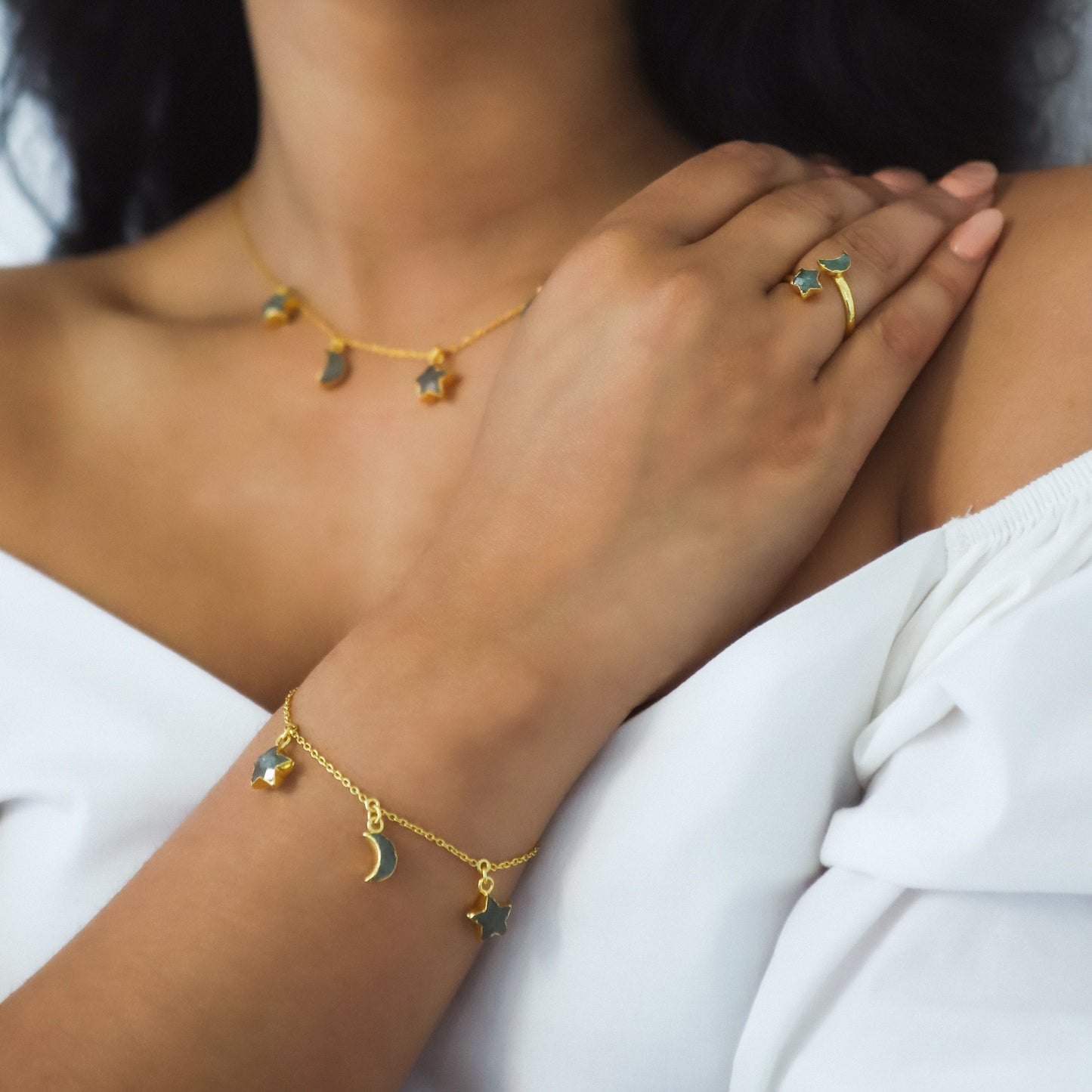 Amelia Aventurine Star & Moon Charm Bracelet | 18k Gold Plated