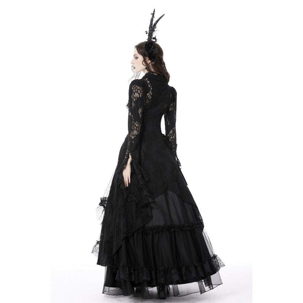 Dark In Love Livvy Lace Coat - Women's Gothic Jacket with Pointed Collar and Ruffles