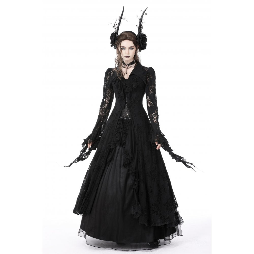 Dark In Love Livvy Lace Coat - Women's Gothic Jacket with Pointed Collar and Ruffles