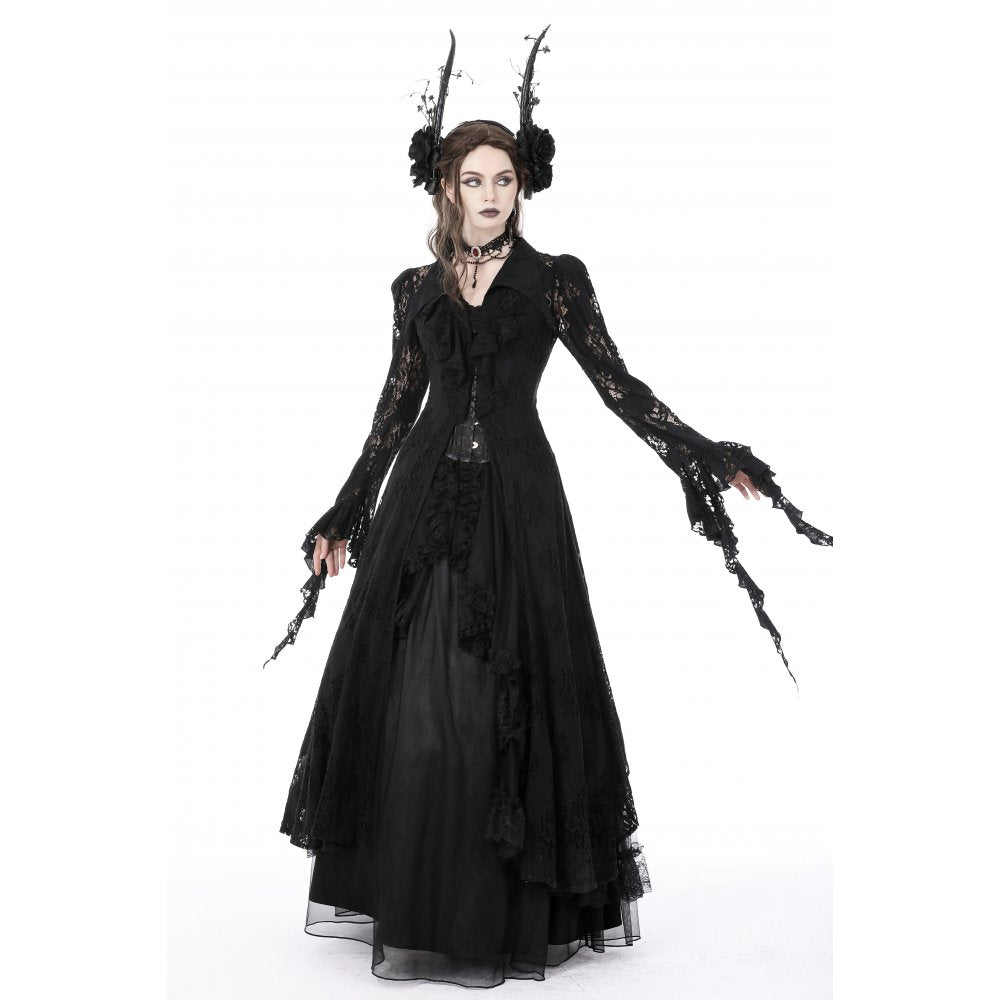 Dark In Love Livvy Lace Coat - Women's Gothic Jacket with Pointed Collar and Ruffles