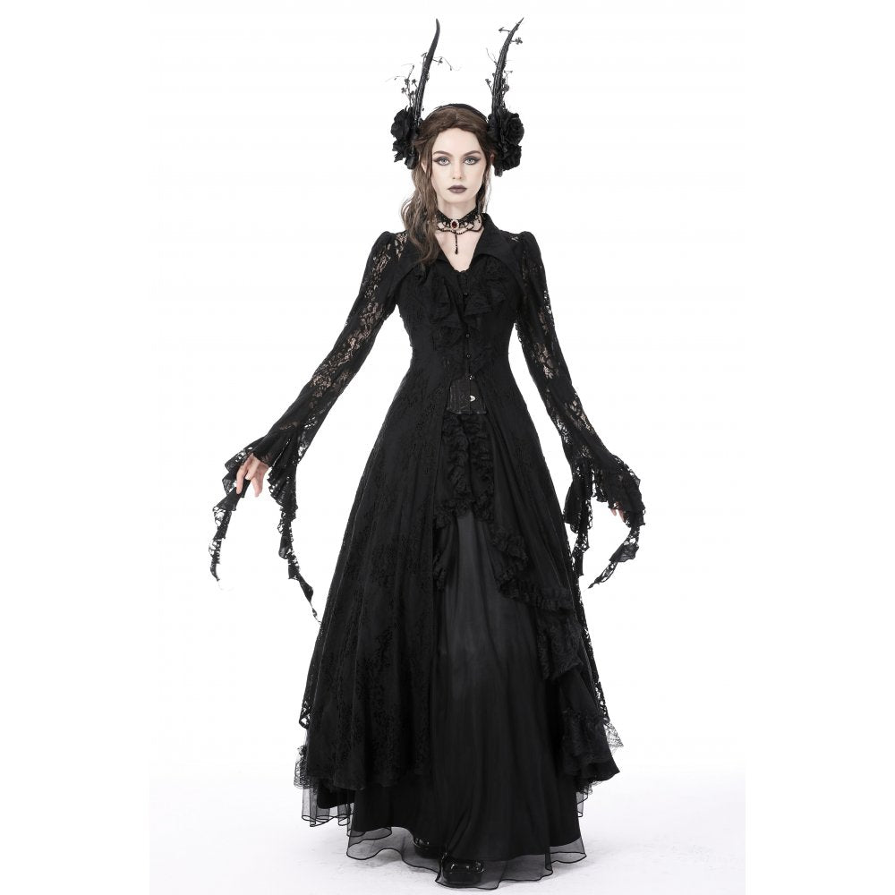Dark In Love Livvy Lace Coat - Women's Gothic Jacket with Pointed Collar and Ruffles