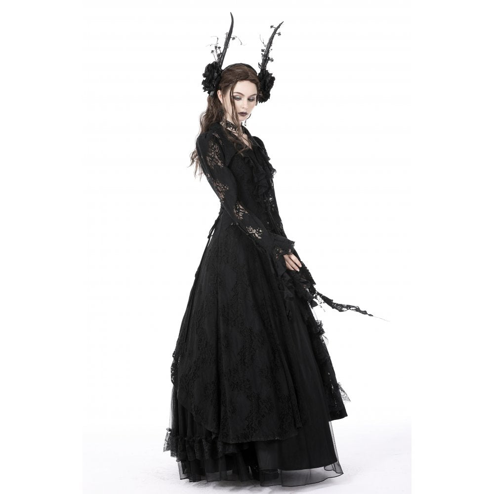 Dark In Love Livvy Lace Coat - Women's Gothic Jacket with Pointed Collar and Ruffles