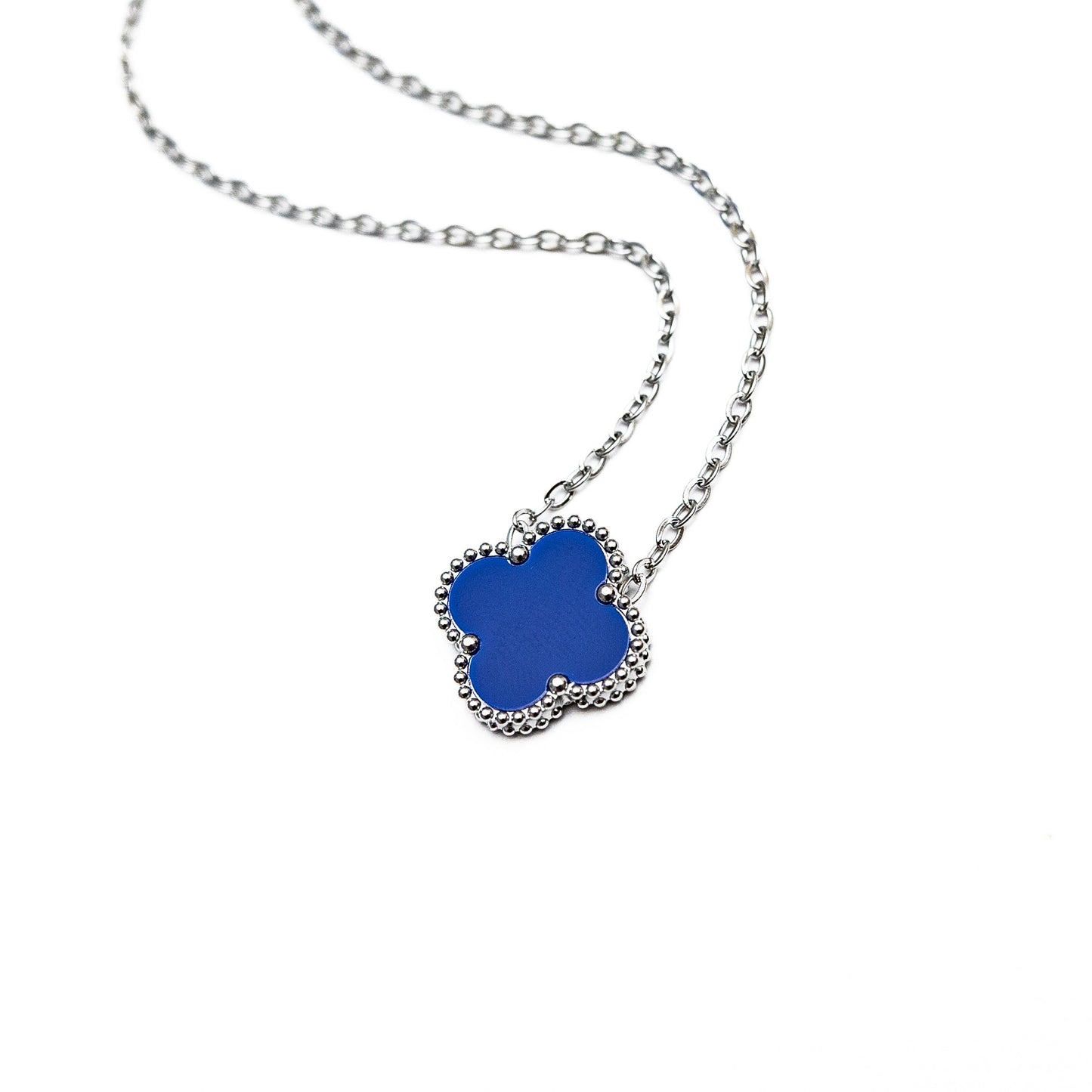 Silver Single Clover Necklace (Navy)