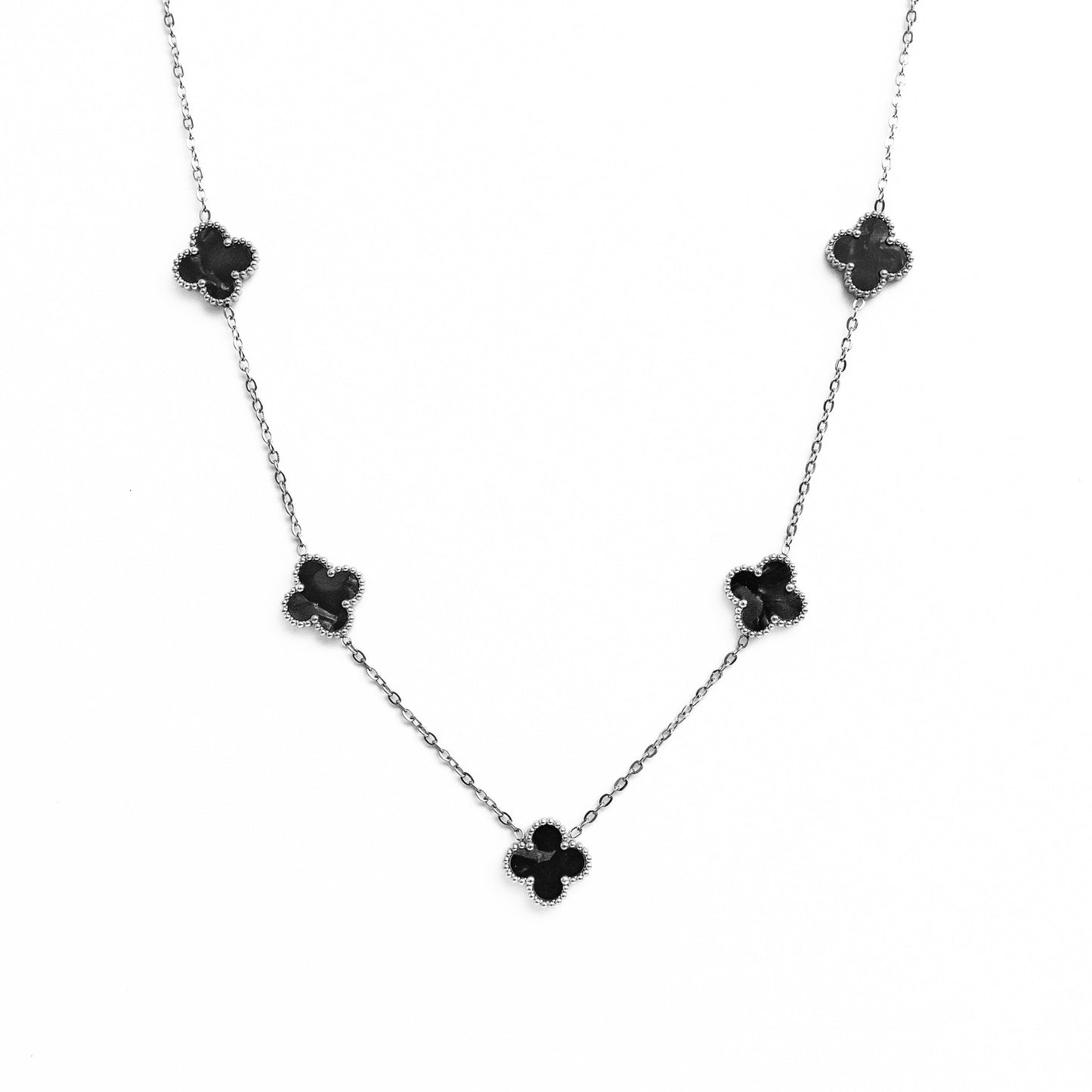 Silver Pearl Clover Necklace (Black)