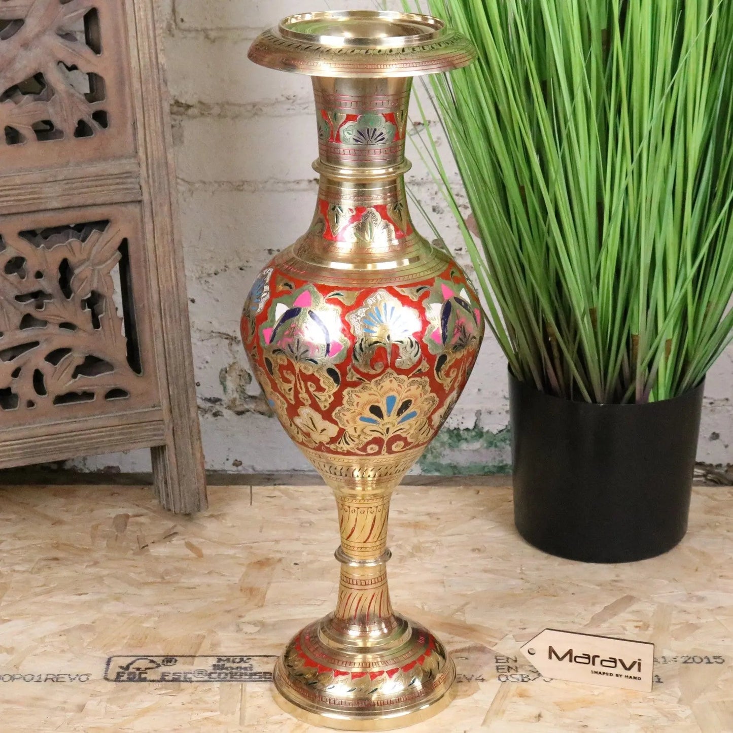 Vintage 60cm Large Brass Vase Hand Painted and Etched - Red