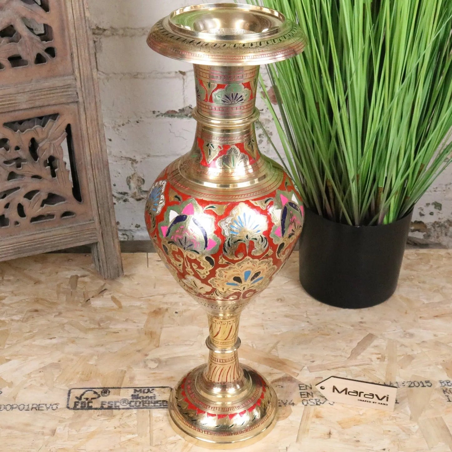 Vintage 60cm Large Brass Vase Hand Painted and Etched - Red