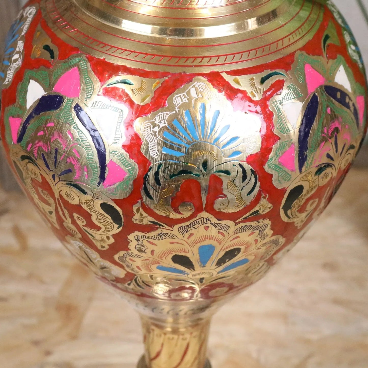 Vintage 60cm Large Brass Vase Hand Painted and Etched - Red